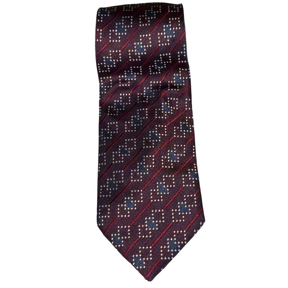 Ermenegildo Zegna Silk Necktie Red‎ Blue Geometric Pattern Italy
